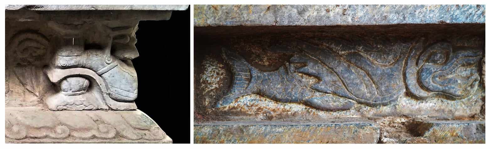 Hình tượng độc đáo khắc họa trên Bàn thờ Phật bằng đá chùa Xuân Lũng. Ảnh: Bảo tàng Lịch sử Quốc gia
