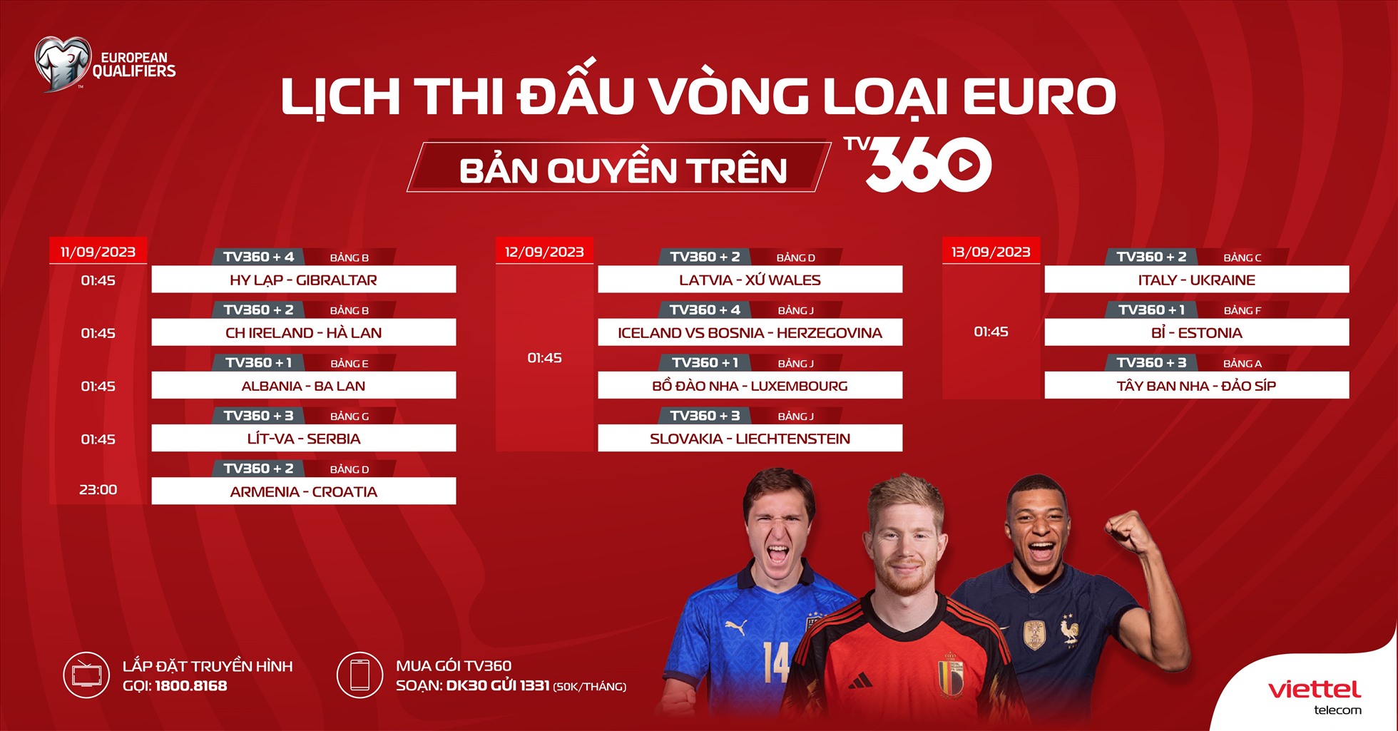 Lịch thi đấu vòng loại Euro 2024 tháng 9 trên TV360