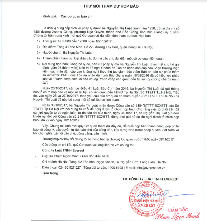 Thư mời họp báo của bà Nguyễn Thị Luật.
