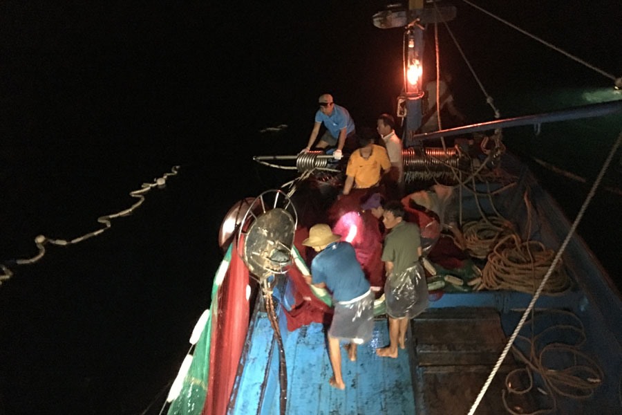 Ngư dân đi bạn trên tàu cá của ông Xếch đang kéo lưới trên biển đêm.Ảnh: P.V