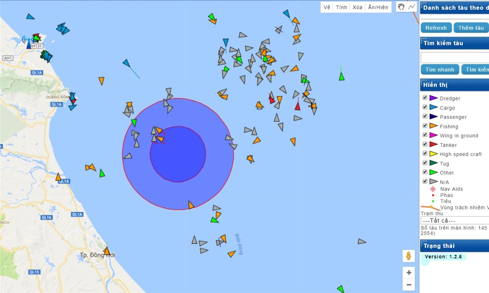 Khu vực tàu QN 6378 bị nạn (Hình ảnh được chụp từ Hệ thống AIS - Hệ thống quản lý tàu cận bờ). Ảnh: Vishipel.
