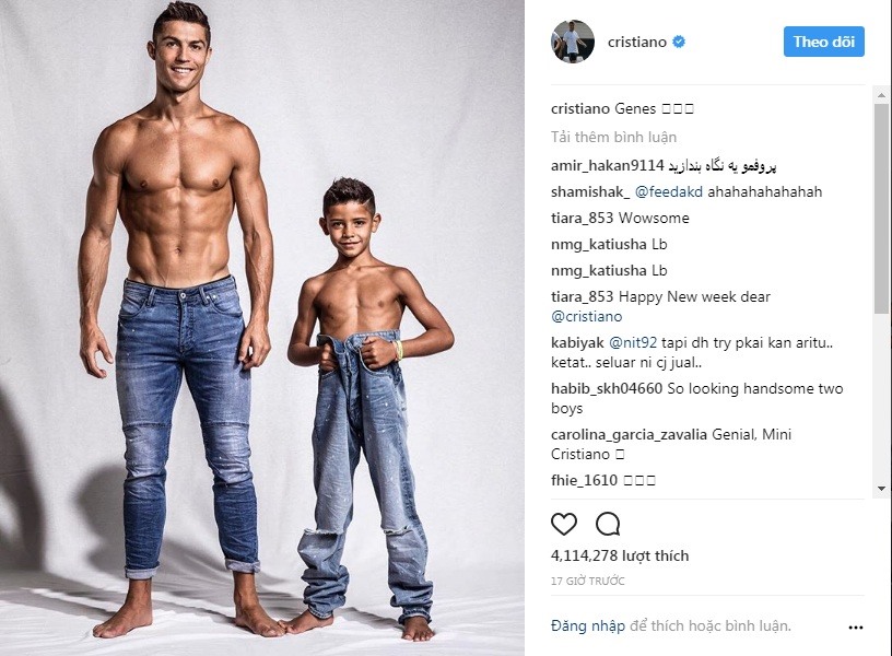 CR7 và cậu cả Ronaldo Jr trong một bức ảnh đăng trên trang cá nhân. Ảnh: Instagram.