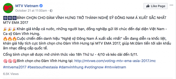 Bài đăng của MTV Việt Nam về thể lệ bình chọn online cho Đàm Vĩnh Hưng 