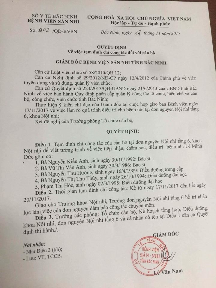 Quyết định tạm đình chỉ công tác của giám đốc BV Sản Nhi Bắc Ninh