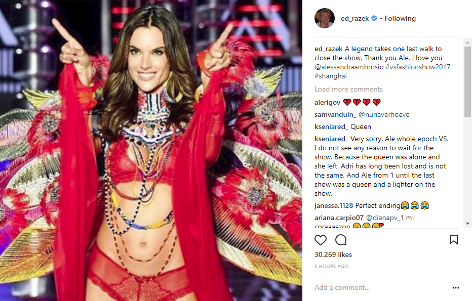 Trước đó, Ed Razek - giám đốc sản xuất của Victoria's Secret cũng đã chia sẻ trên trang cá nhân lời tạm biệt với siêu mẫu Brazil: “Một huyền thoại đã sải bước trình diễn lần cuối cùng để khép lại show diễn. Cảm ơn Ale. Yêu em“.