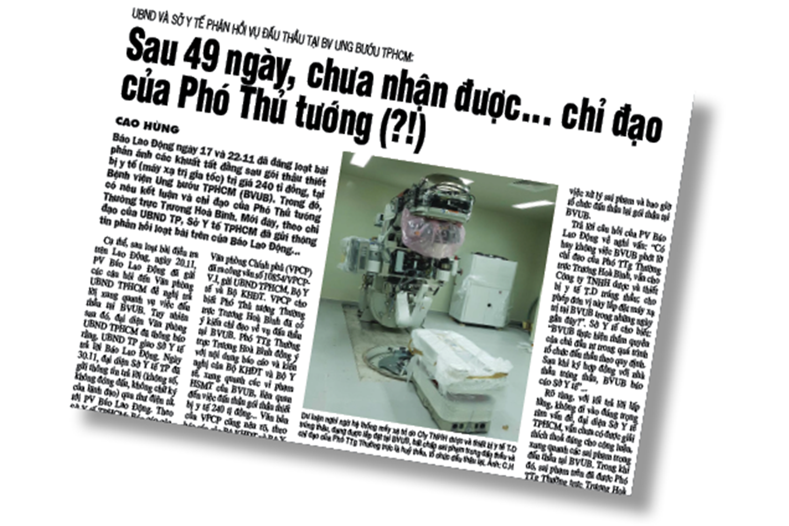 Bài báo về sai phạm  tại BV Ung bướu TPHCM  đăng trên Lao Động ngày 1.12.