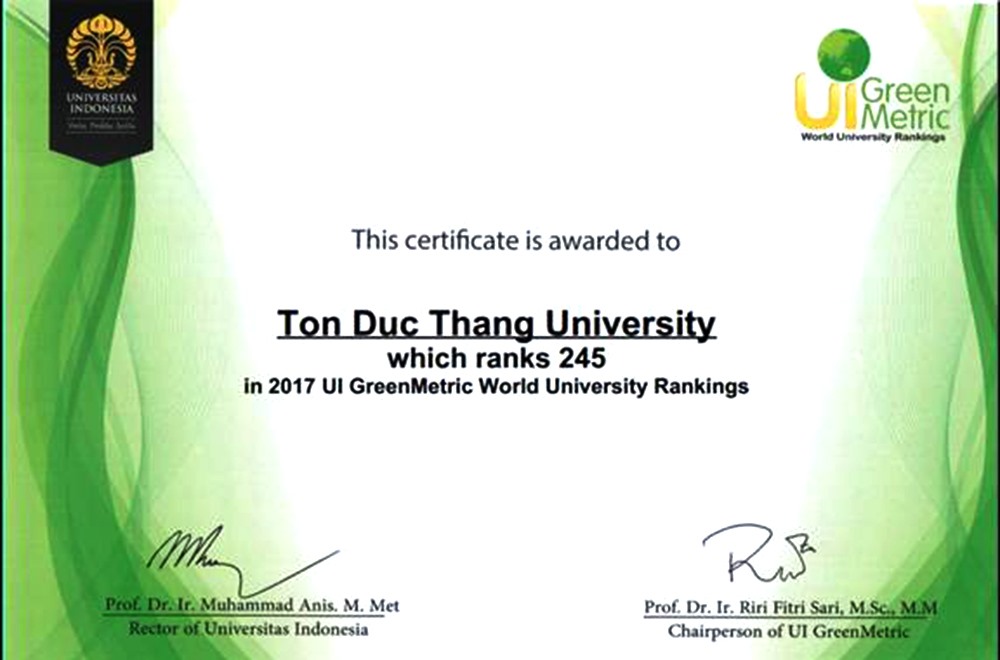 Giấy chứng nhận xếp hạng do GreenMetric World University Rankings cấp cho Trường