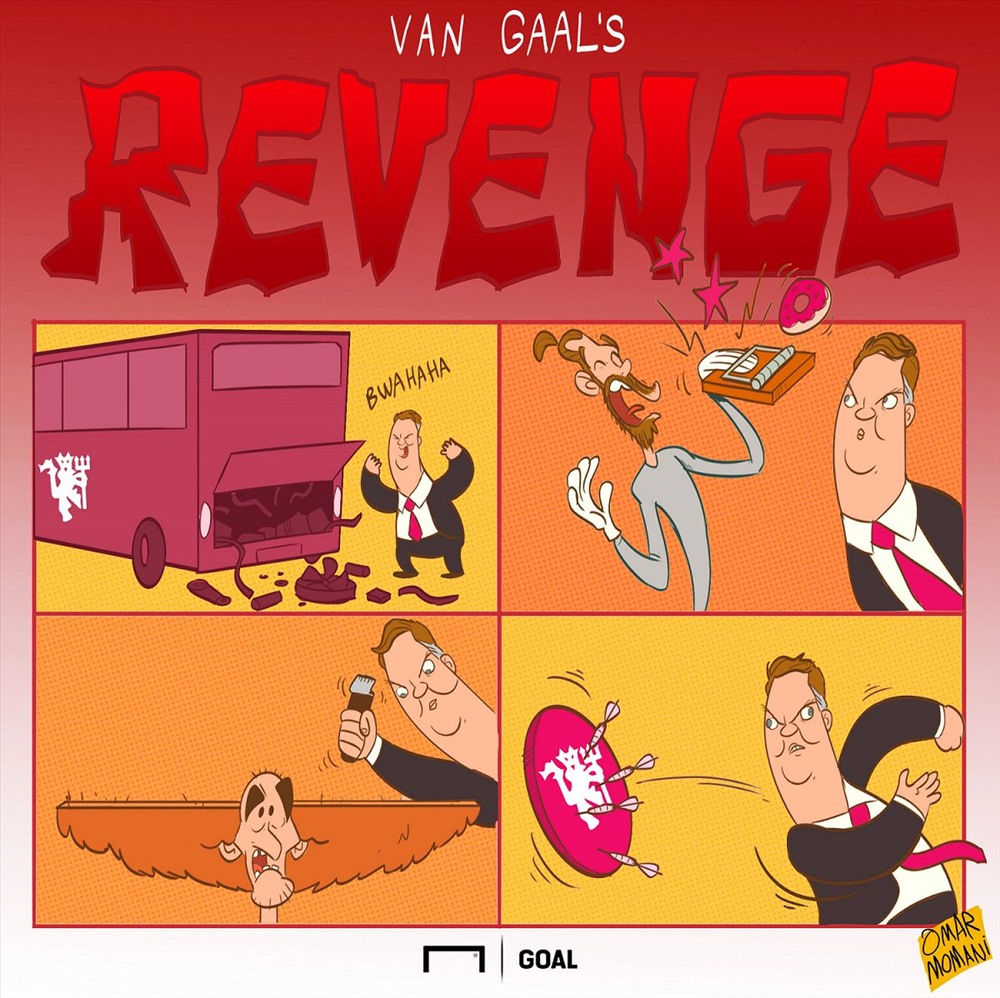 Biếm họa về chủ đề Van Gaal muốn báo thù M.U. Ảnh: Goal.