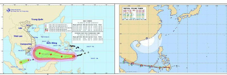 Thời điểm dự báo lúc 7h sáng 21.12 của Việt Nam (trái) và các Trung tâm dự báo quốc tế (phải). Ảnh: NCHMF