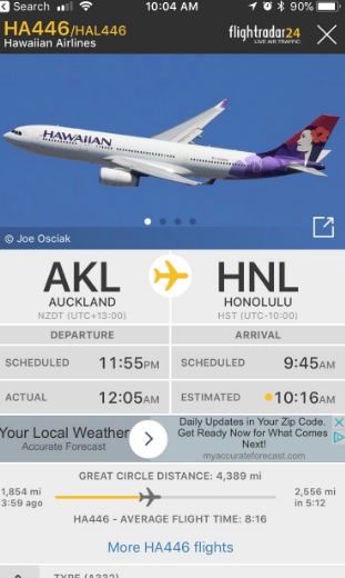 Thời gian hạ cánh, cất cánh của chuyến bay của hãng Hawaiian Airlines. Ảnh: Twitter