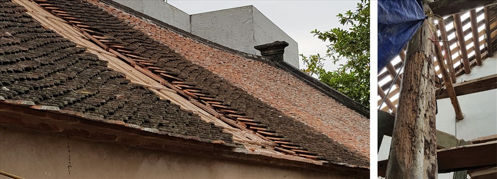 Phần mái nhà của bà Thảo ngói đã đen kịt sau trùng tu, nửa mái phía nhà cán bộ vẫn thâm nâu đẹp đẽ. Ngôi nhà cổ vừa được trùng tu tôn tạo trị giá nhiều trăm triệu đồng đã bị xuống cấp nghiêm trọng (ảnh phải). Ảnh: PV