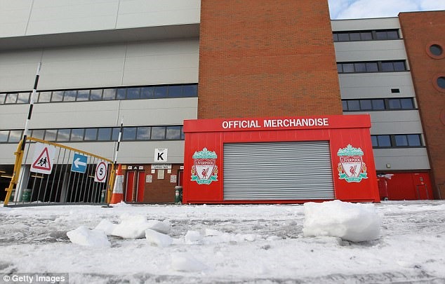 Sân Anfield đang tạm đóng cửa do tuyết rơi quá dày. Ảnh:  