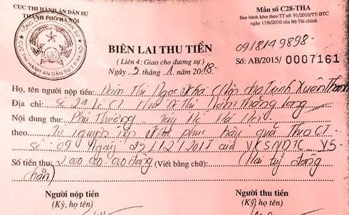 Biên lai nộp 2 tỷ của gia đình Trịnh Xuân Thanh tại Cục thi hành án dân sự Tp.Hà Nội (ảnh: Xuân Duy)