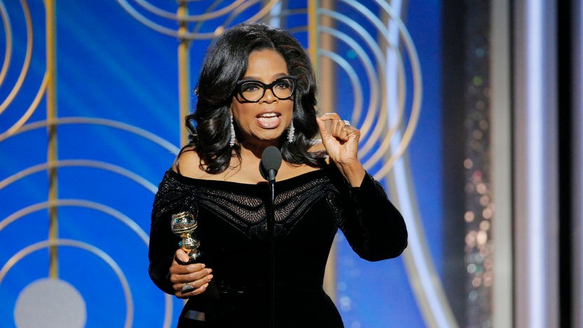 Oprah Winfrey phát biểu trên sân khấu Quả cầu Vàng 2018. Ảnh: NBC.