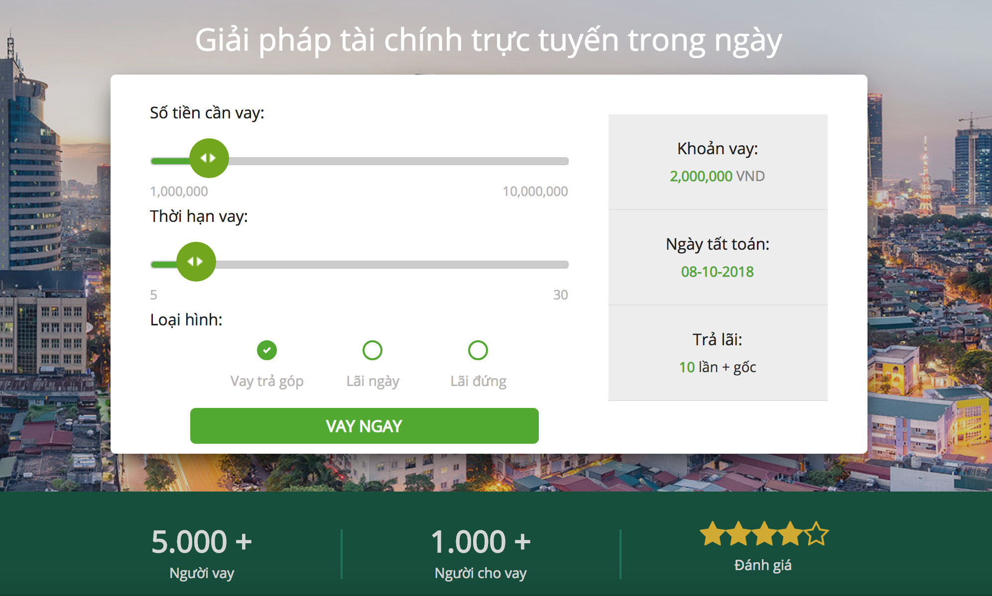 Giao diện website vay tiền trực tuyến. Ảnh chụp màn hình.