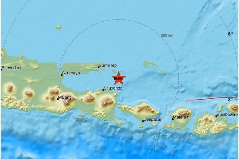 Tâm chấn trận động đất ở biển Bali, cách Đông Java 40km. Ảnh: EMSC