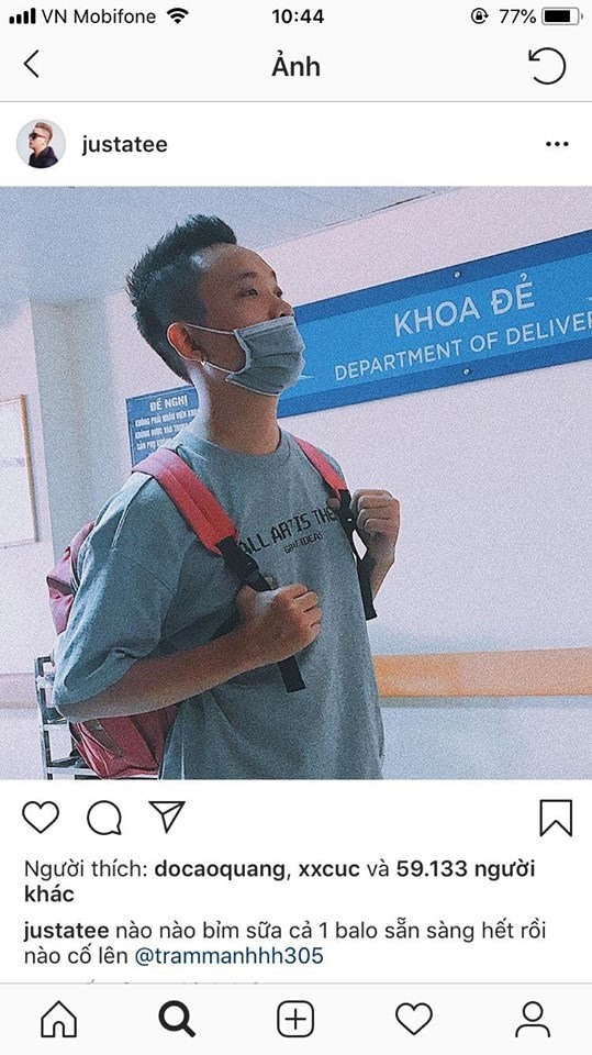 Hình ảnh Justa Tee đưa vợ đi viện sinh con được anh đăng trên Instagram.