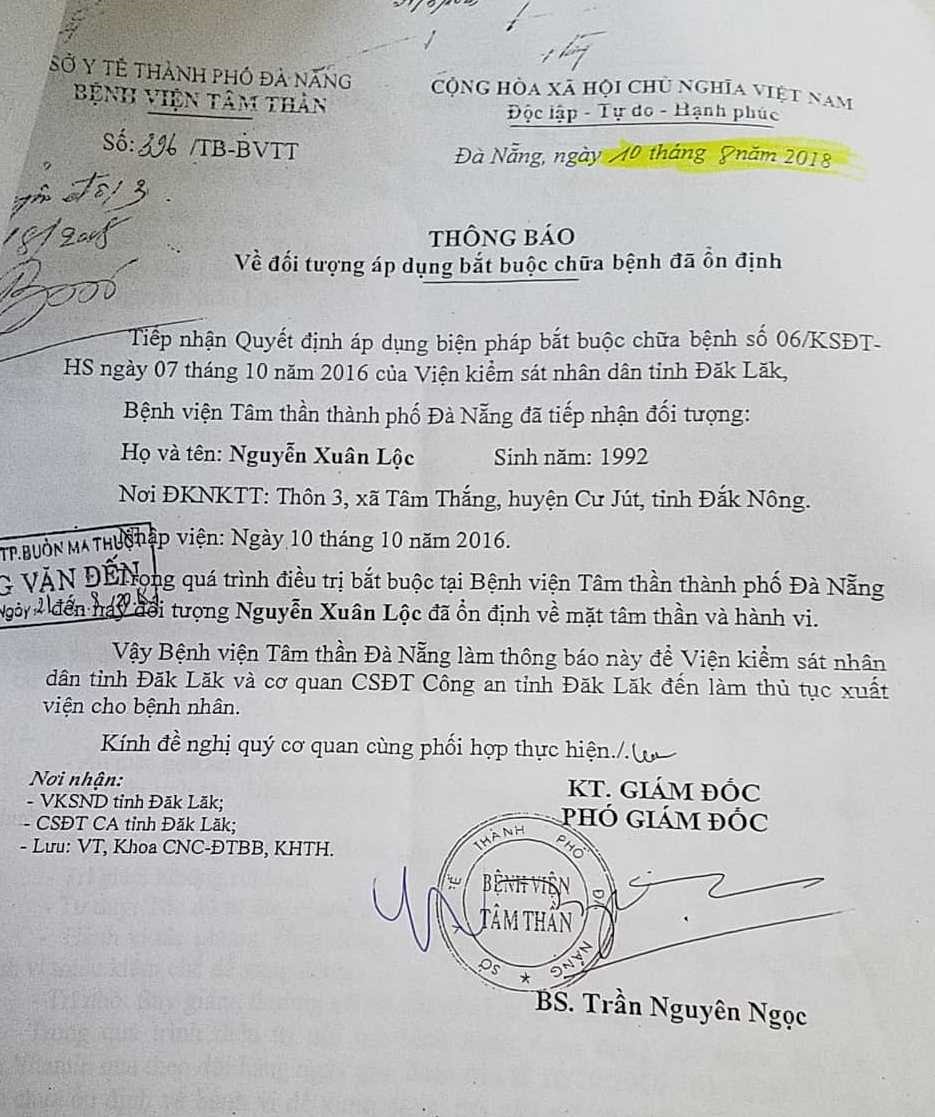 BV Tâm thân kết luận sức khỏe Lộc đã ổn định vào ngày 10.8 nhưng sau đó một tháng, TAND tỉnh Đắk Lắk vẫn không đưa Lộc ra xét xử.
