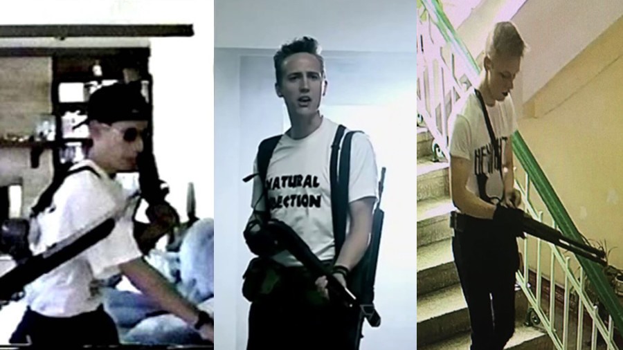 Ảnh camera an ninh nghi phạm xả súng trường học Columbine Eric Harris (trái); Ảnh màn hình chương trình Zero Hour TV kịch hoá vụ Columbine (giữa); Ảnh camera an ninh nghi phạm vụ xả súng Crimea Vladislav Roslyakov (phải).