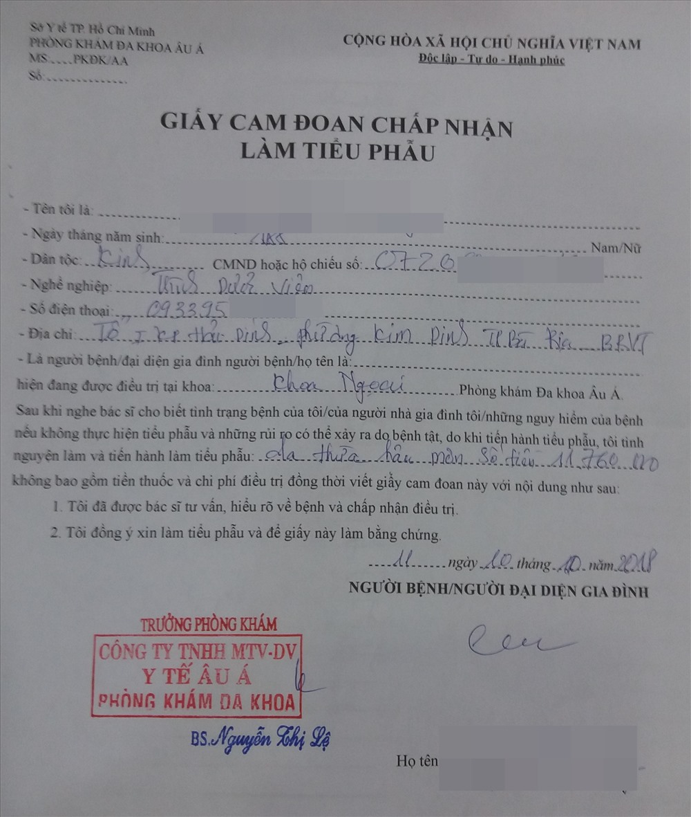 Giấy cam đoan chấp nhận làm tiểu phẫu của bệnh nhân G.T.C.