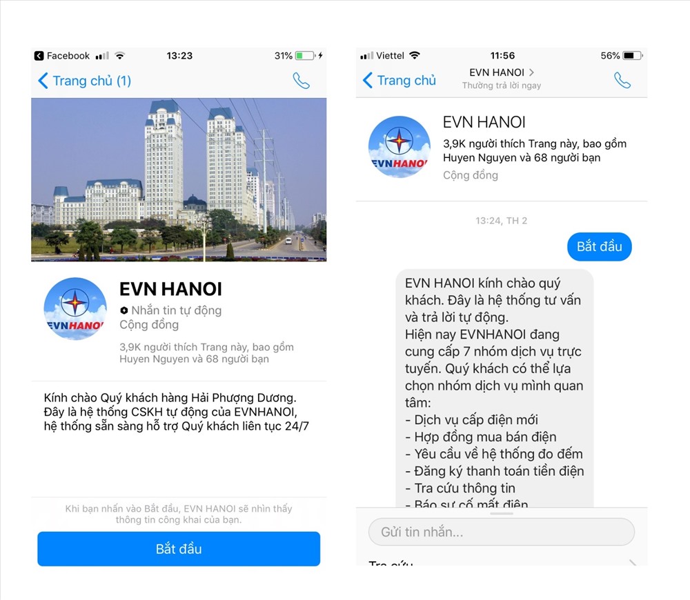 Chatbot hỗ trợ khách hàng qua Facebook EVN HANOI.