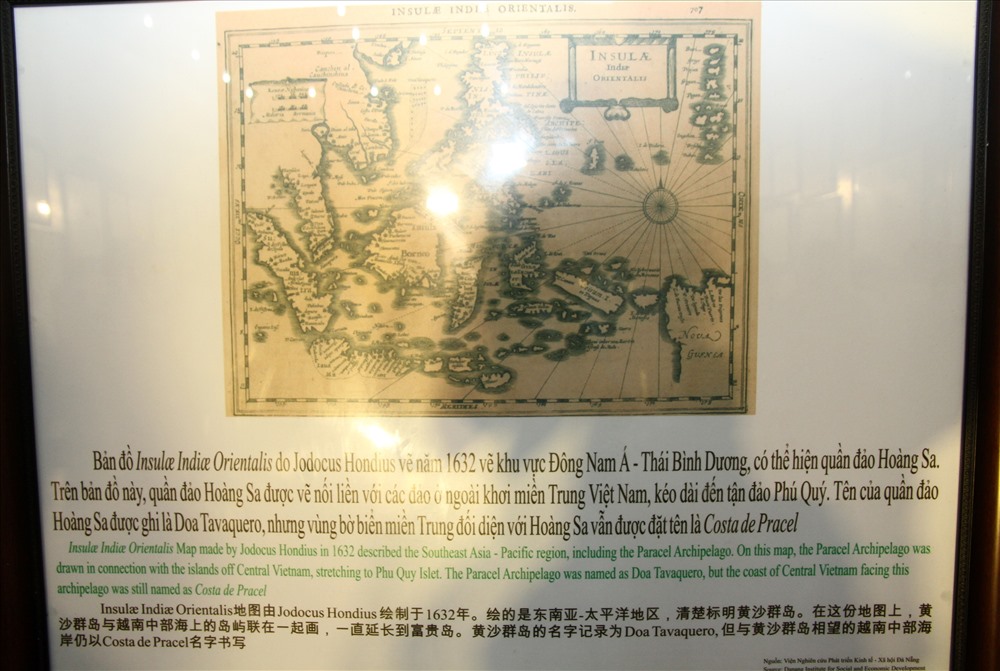 Bản đồ năm 1632 vẽ khu vực Đông Nam Á - Thái Bình Dương thể hiện quần đảo Hoàng Sa nối liền với các đảo ở ngoài khơi miền Trung Việt Nam. Ảnh: Hưng Thơ.