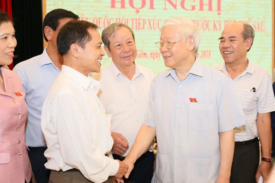 Tổng Bí thư Nguyễn Phú Trọng tiếp xúc cử tri các quận Hoàn Kiếm, Ba Đình, Hà Nội.Ảnh: NGỌC THẮNG