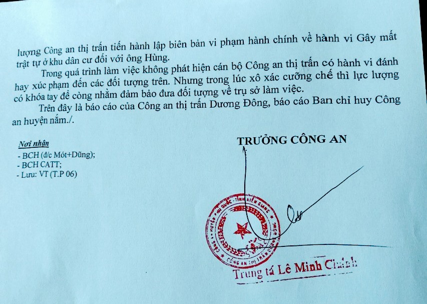Một phần văn bản báo cáo của trung tá Lê Minh Chánh - Trưởng Công an thị trấn Dương Đông- khẳng định: “không phát hiện cán bộ Công an thị trấn có hành vi đánh đập“. Ảnh: PV