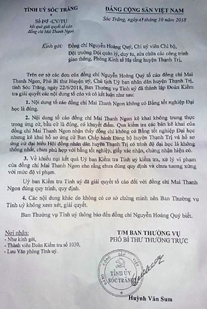 Công văn của Tỉnh ủy Sóc Trăng khẳng định ông Mai Thanh Ngon, Chủ tịch UBND huyện Thạnh Trị không có Bằng đại học, tố cáo của ông Quý là đúng (ảnh Nhật Hồ)