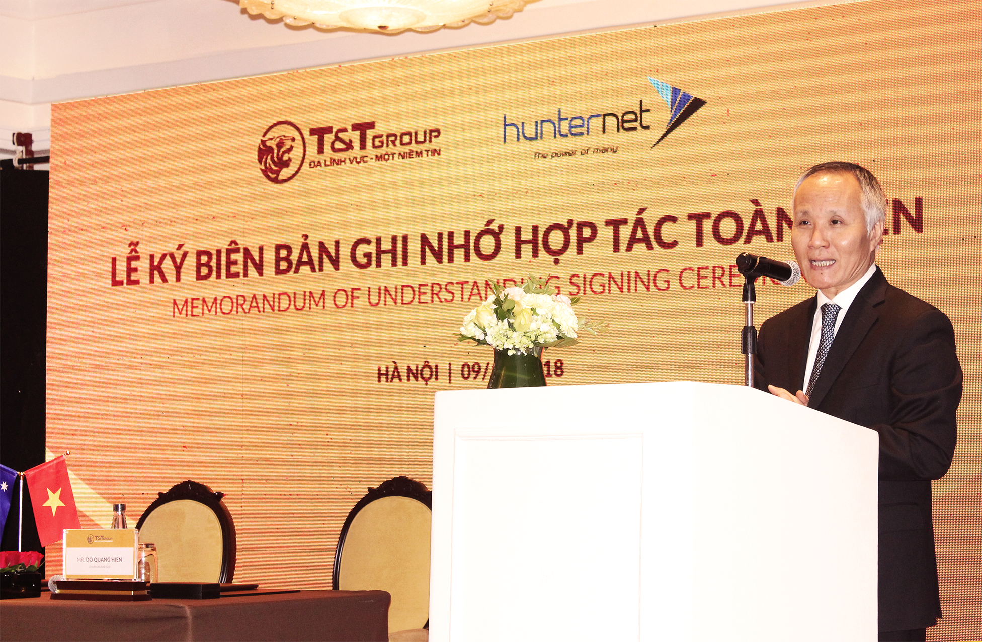 Thứ trưởng Bộ Công thương Trần Quốc Khánh phát biểu tại Lễ ký kết Biên bản ghi nhớ hợp tác toàn diện giữa Tập đoàn T&T Group và Hiệp hội Doanh nghiệp HunterNet