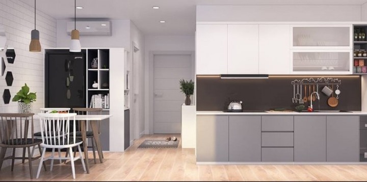 Phòng bếp sử dụng tông màu trắng - ghi tạo ra không gian sang trọng.