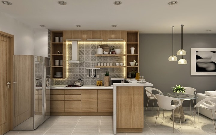 Thiết kế bếp theo dạng mở thế này giúp không gian trong nhà trở nên thoáng đãng, mát mẻ, thoải mái.