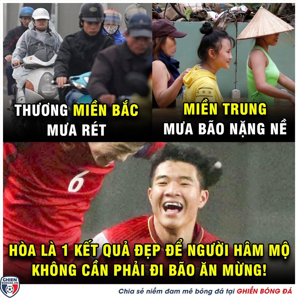 Vì lý do thời tiết, nên ĐT Việt Nam không muốn chiến thắng để tránh CĐV phải ra đường đi bão. Ảnh Ghiền bóng đá