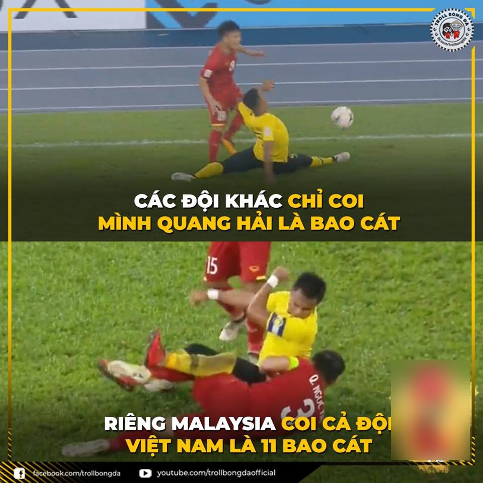 Trong khi các đội bóng khác chỉ tập trung phạm lỗi với Quang Hải, thì ĐT Malaysia có các tình huống xấu chơi với tất cả cầu thủ Việt Nam. Ảnh Troll Bóng Đá
