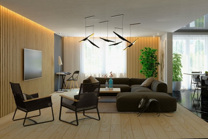 Tường nan gỗ tạo mối liên kết đặc biệt giữa phòng khách, phòng ăn và phòng ngủ.