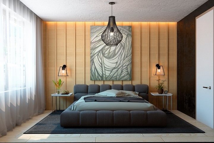 Phòng ngủ master nổi bật bởi một chiếc giường ngủ bọc vải rộng rãi và thoải mái, nội thất trong căn phòng được tối giản đến mức tối đa để chủ nhân có không gian thư giãn.