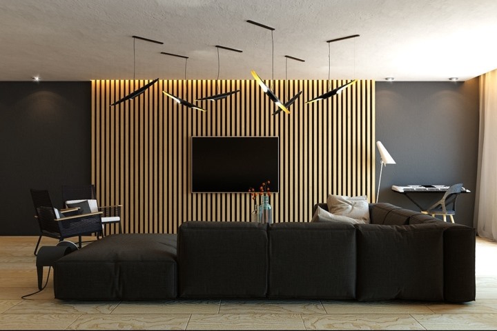 Trong phòng khách tường gỗ đặt sau kệ tivi, ghế sofa, sơn tường màu sắc trung tính mang đến cảm giác mạnh mẽ và sang trọng. 