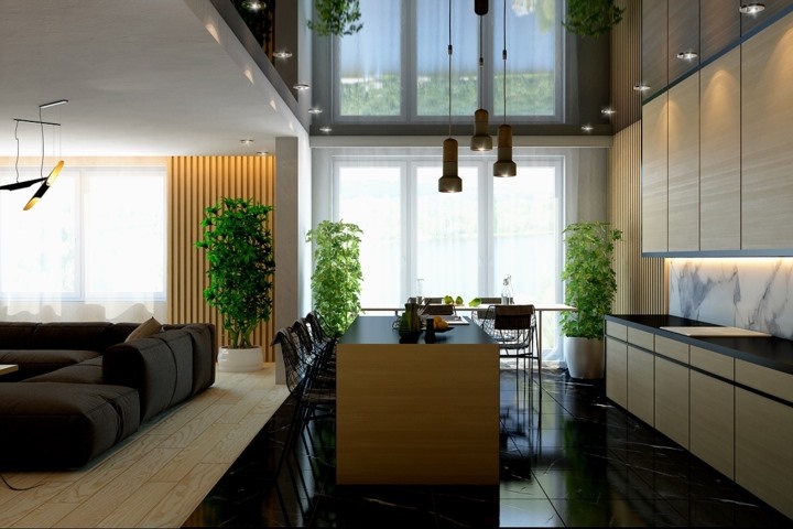 Bếp nấu đặt giữa khoảng thông tầng nơi nhận được nguồn năng lượng và ánh sáng tự nhiên lớn, sàn nhà bếp lát đá đen bóng đối lập với sàn gỗ của khu vực phòng khách.