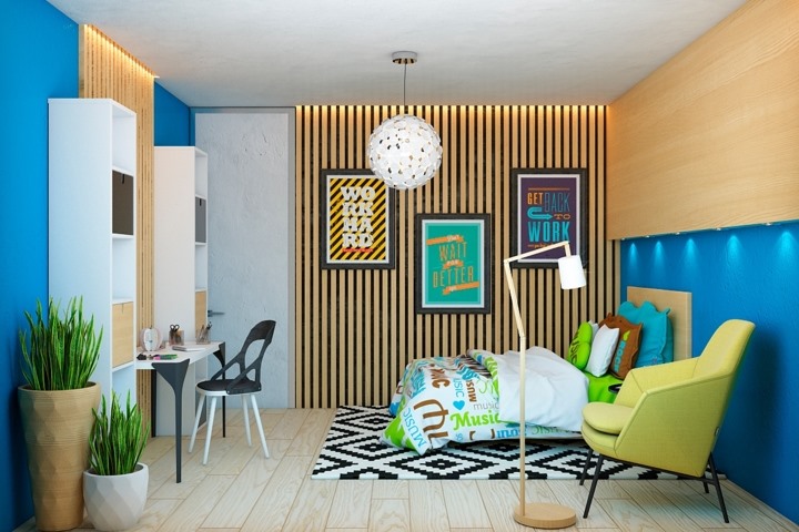 Phòng ngủ của những đứa trẻ sử dụng màu sắc tươi vui, cá tính, tường gỗ tiếp tục là chủ đề chính trong căn phòng.