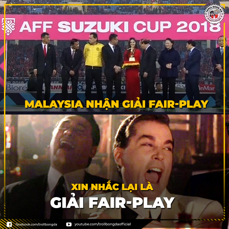 Sau hàng loạt tình huống phạm lỗi với các cầu thủ Việt Nam, đội tuyển Malaysia bất ngờ được ban tổ chức trao giải thưởng Fair-play. Ảnh Troll Bóng Đá