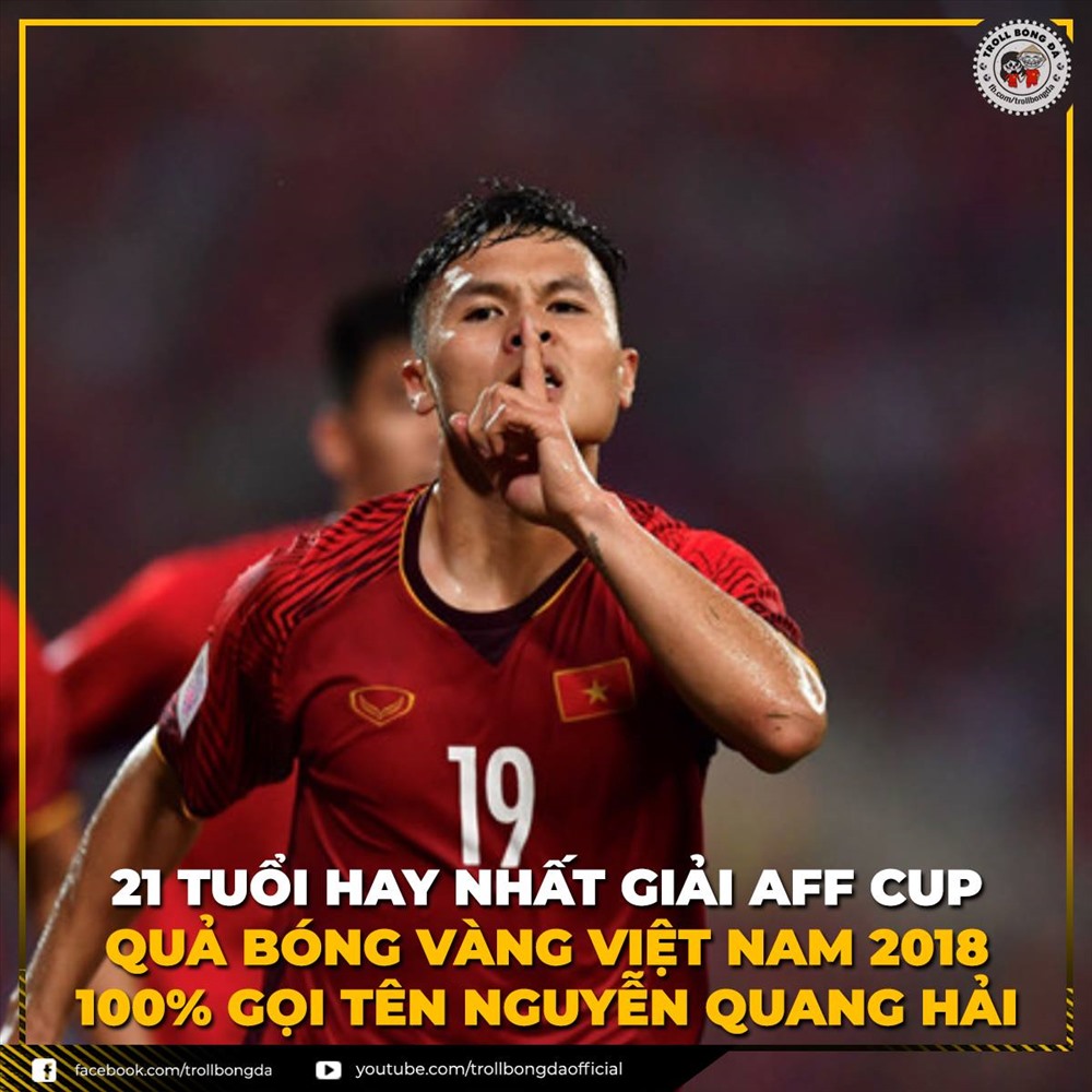 Giành danh hiệu cầu thủ xuất sắc nhất AFF Cup 2018, Quang Hải xứng đáng đoạt Quả bóng vàng Việt Nam 2018. Ảnh Troll Bóng Đá