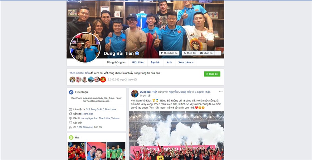 Trước đó, trong giải vô địch bóng đá U23 châu Á 2018, lượng người tìm kiếm Facebook các tuyển thủ Việt Nam đã tăng lên chóng mặt. Thậm chí Facebook thủ thành Bùi Tiến Dũng mới đây đã đạt hơn 3 triệu lượt theo dõi.