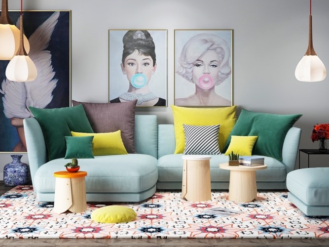 Phong cách Pop thể hiện rất rõ qua bức tranh treo tường và ghế sofa màu xanh dương, gối ôm và thảm cũng là những chi tiết đáng chú ý giúp chủ nhân căn phòng thể hiện rõ ý đồ. 