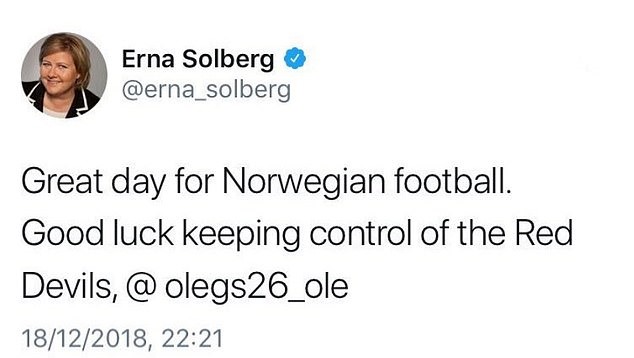 “Một ngày may mắn với bóng đá Na Uy. Chúc anh may mắn khi nắm quyền dẫn dắt “Quỷ đỏ” @olegs26_ole“.