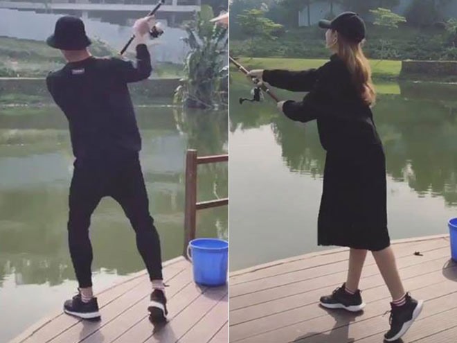 Thủ môn Bùi Tiến Dũng và bạn gái Lê Thanh cùng đăng ảnh câu cá trên story Instagram.