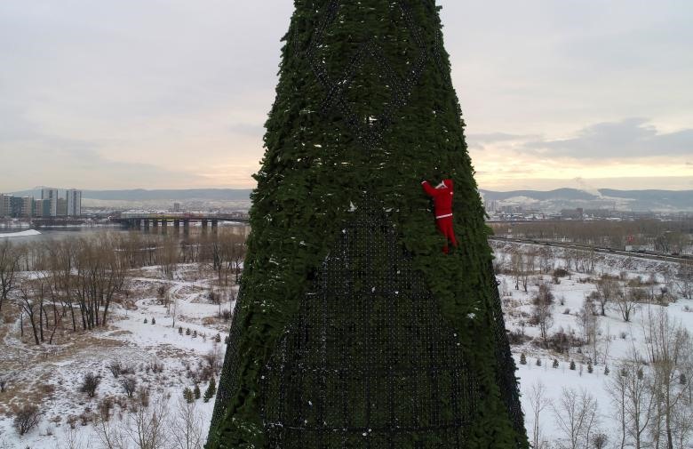 Một người hóa trang thành ông già Noel đang trang trí cây thông cao 57 mtrên đảo Tatyshev, nằm giữa sông Yenisei ở thành phố Krasnoyarsk thuộc Siberia, Nga. Ảnh: Reuters.