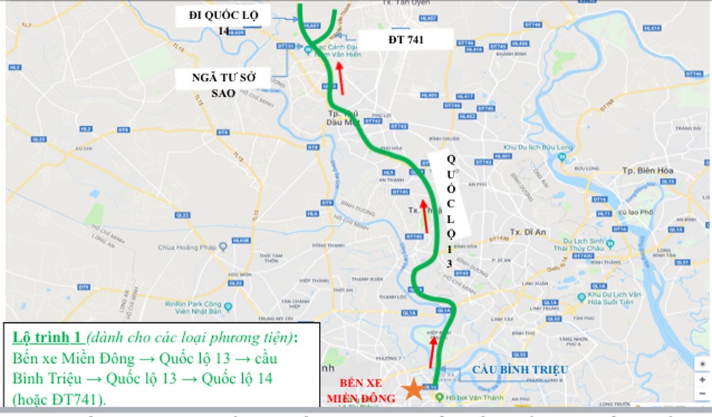 Từ TP HCM đi các tỉnh Đông Nam Bộ và Tây Nguyên cũng có 3 lộ trình. Lộ trình một: Bến xe Miền Đông - Quốc lộ 13 - cầu Bình Triệu - Quốc lộ 13 - Quốc lộ 14 (hoặc ĐT 741).