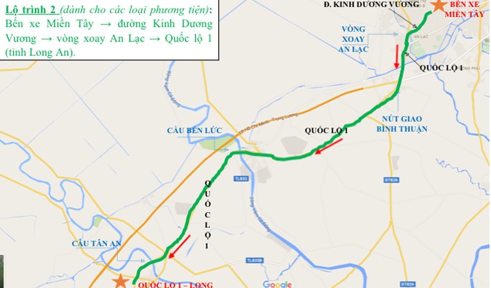 Lộ trình 2: Bến xe Miền Tây - đường Kinh Dương Vương - vòng xoay An Lạc - Quốc lộ 1 (tỉnh Long An).