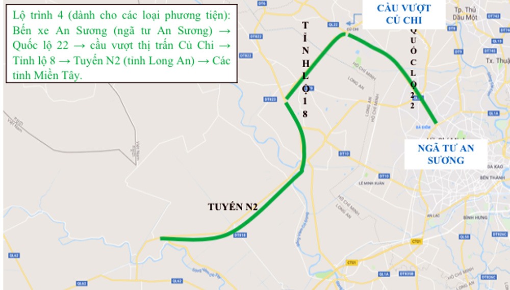 Lộ trình 4: Bến xe An Sương (ngã tư An Sương) - Quốc lộ 22 - cầu vượt thị trấn Củ Chi - Tỉnh lộ 8 - Tuyến N2 (tỉnh Long An) - Các tỉnh Miền Tây.