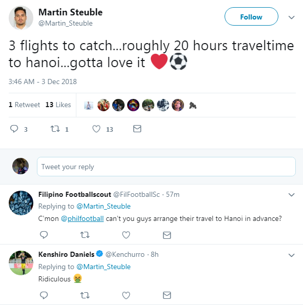 Hậu vệ Philippines than phiền về thời gian di chuyển trên Twitter.